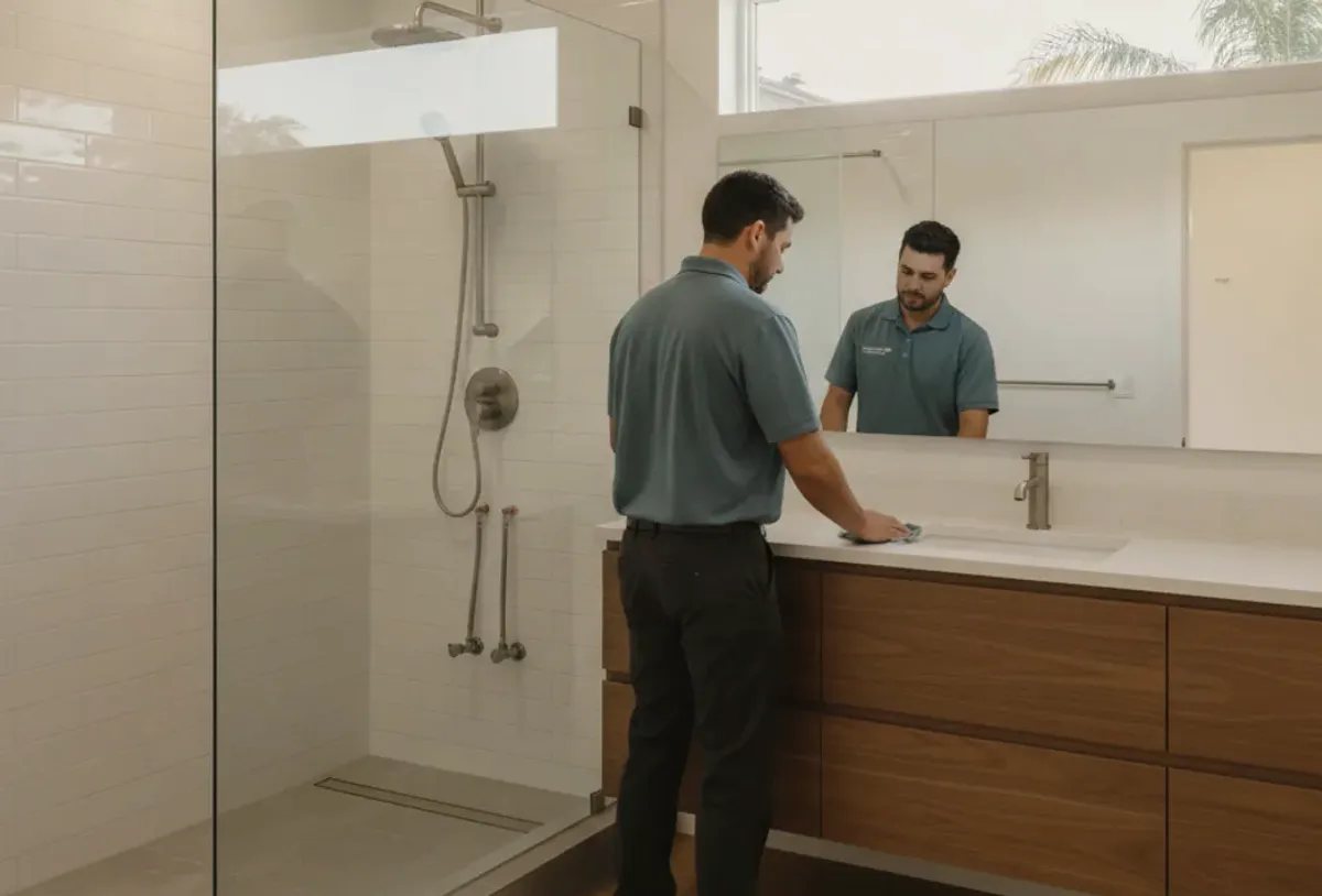 Subway tile and frameless glass in a finished walk-in shower, San Diego bathroom