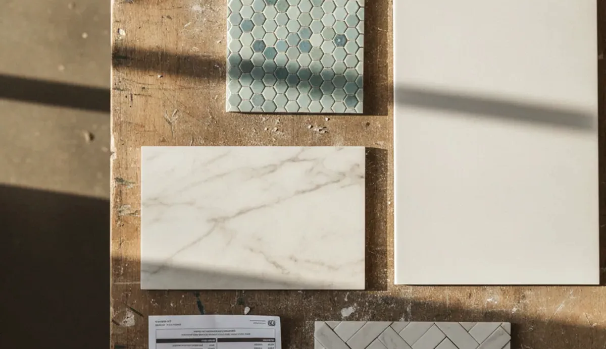 Porcelain, marble, and ceramic bathroom tile samples spread across a workshop bench in San Diego