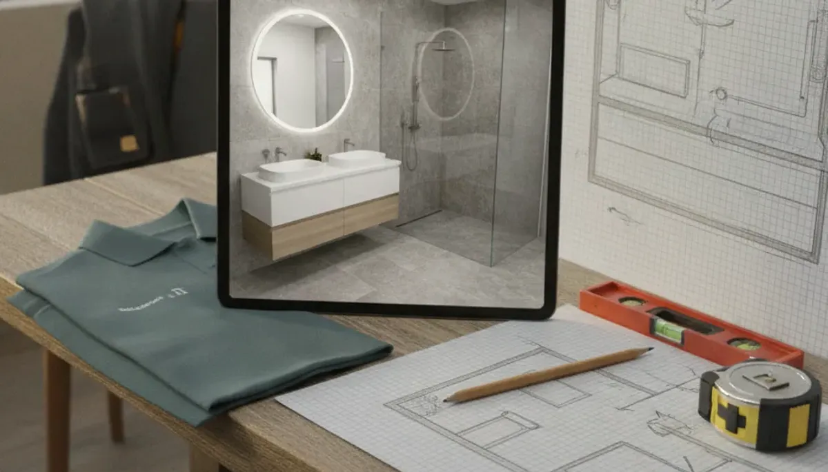 A measured bathroom layout sketch on a notepad, with a tape measure and pencil beside it, sitting on a sunny San Diego table