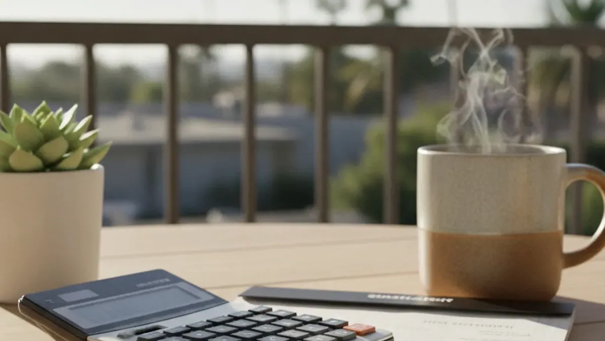 Itemized bathroom remodel estimate and calculator on a notepad beside a coffee mug