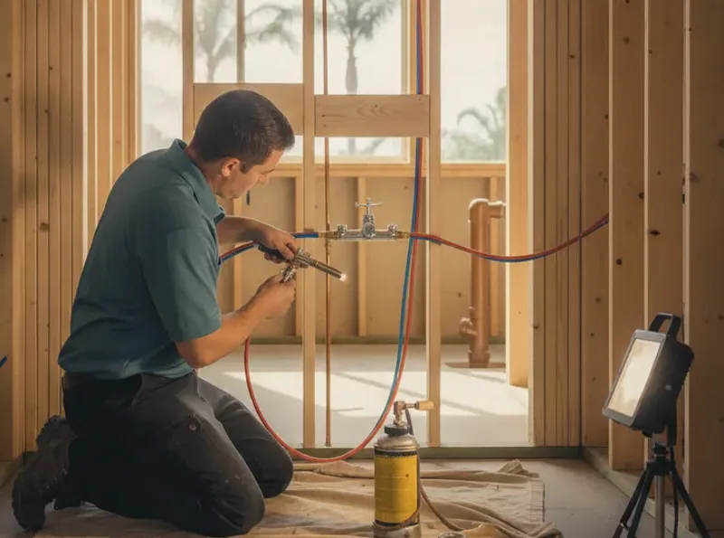 A plumber fitting a pressure-balancing valve and fresh PEX supply lines during a bath rough-in in San Diego