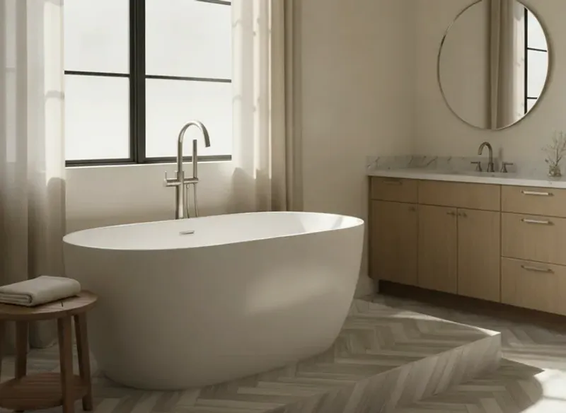 A freestanding soaking tub set against a tile feature wall, newly installed in a San Diego master bath