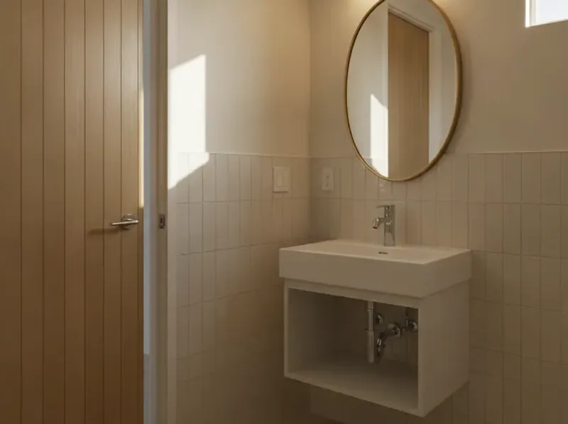 San Diego small powder room remodel featuring large-format light tile, a floating vanity, and a wall-mount faucet