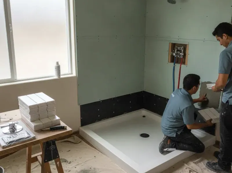 San Diego bath where the old alcove tub came out and a tiled walk-in shower with a frameless glass door went in